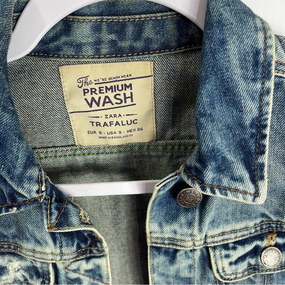 Zara Trafaluc Distressed Jean Jacket Sz S Crop - Picture 5 of 8